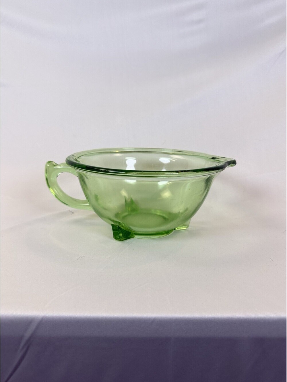 MCM Green Uranium Vaseline Pressed Glass Mix Bowl W/ 3 Feet, Handle & Spout